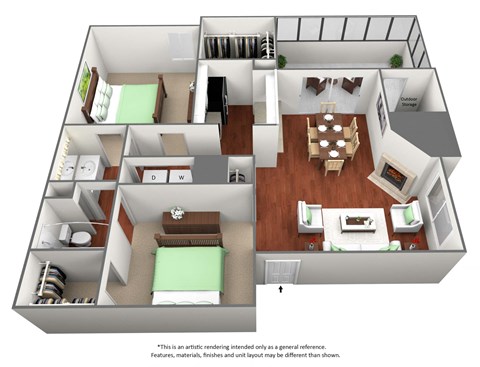 Floor plan for 2 beds, 1 bath, 997 sqft